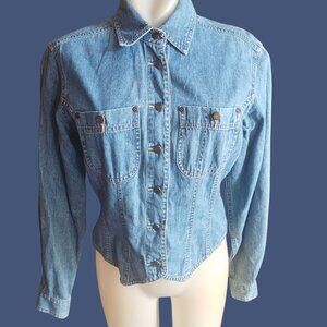 Vintage Small Women's Denim Button Up Shirt Jacket Fitted Cropped Liz Claiborne